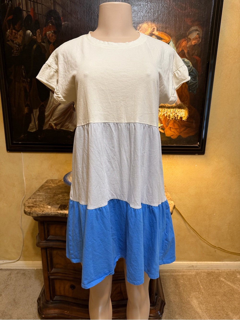 J. Crew White and Blue Colorblock Tiered Mini Dress